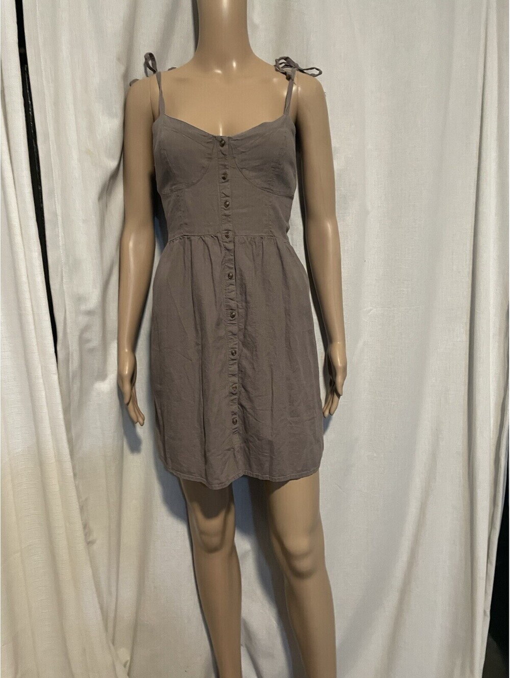 Aerie Linen Blend Shoulder Tie Corset Taupe Mini Dress Size M